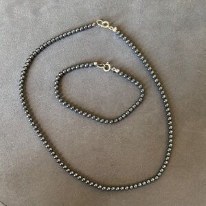 Elegant Black Metallic Beaded Necklace and Bracelet Set